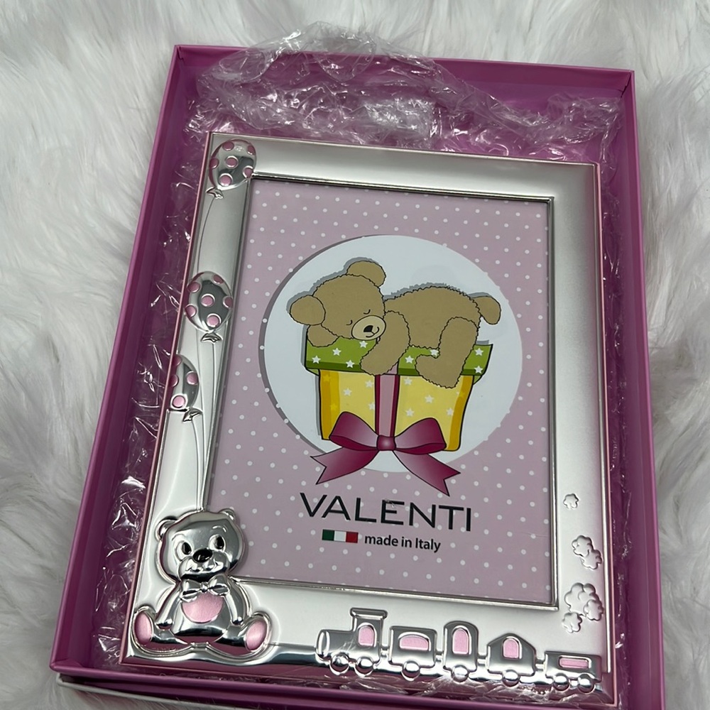 Valenti Baby Frame Bear With Train 8.5” L X 6.5” W Silver Nursey Made In Italy